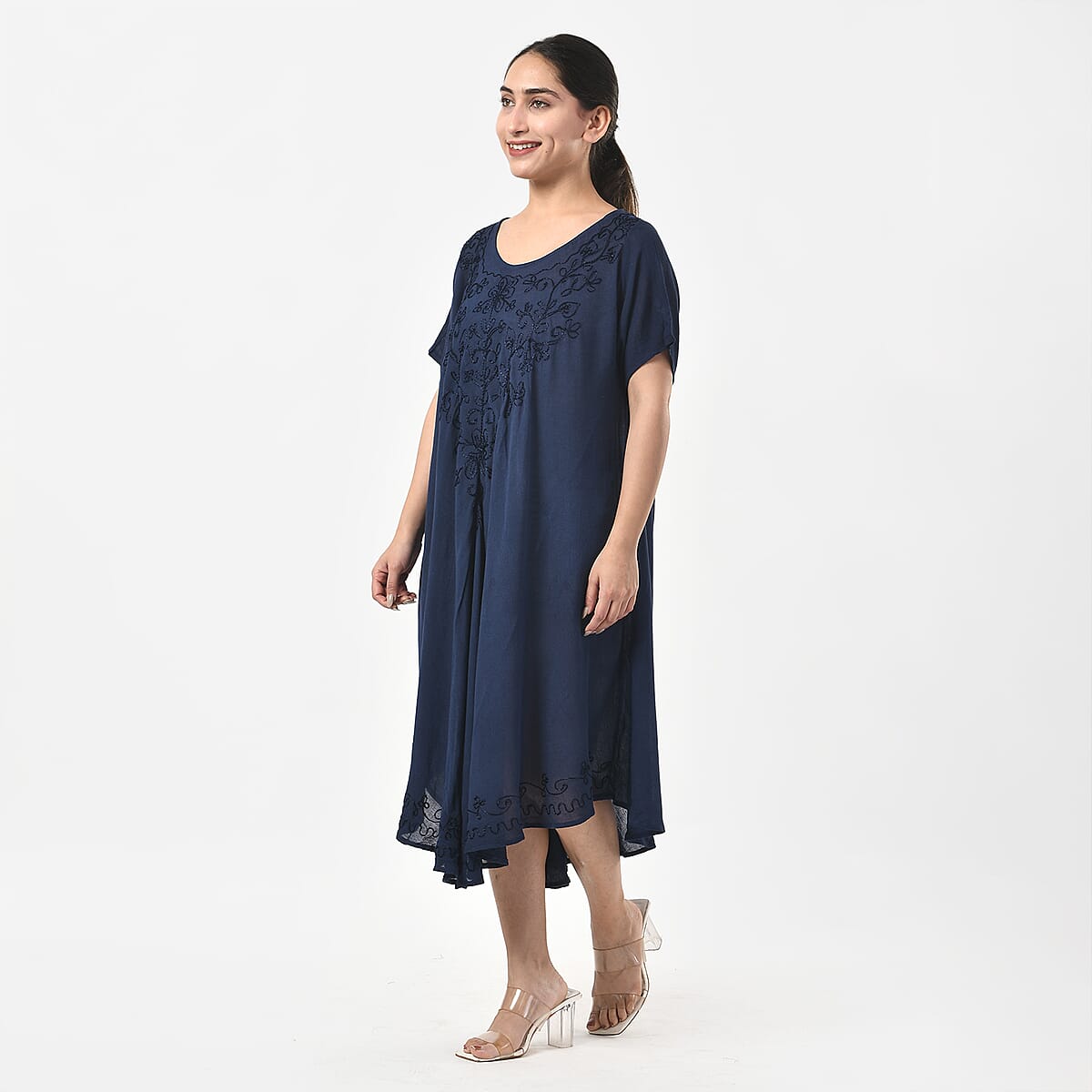 Tamsy Navy Embroidered Umbrella Dress with Sleeves and Neck-Tie - One Size Fits Most image number 1