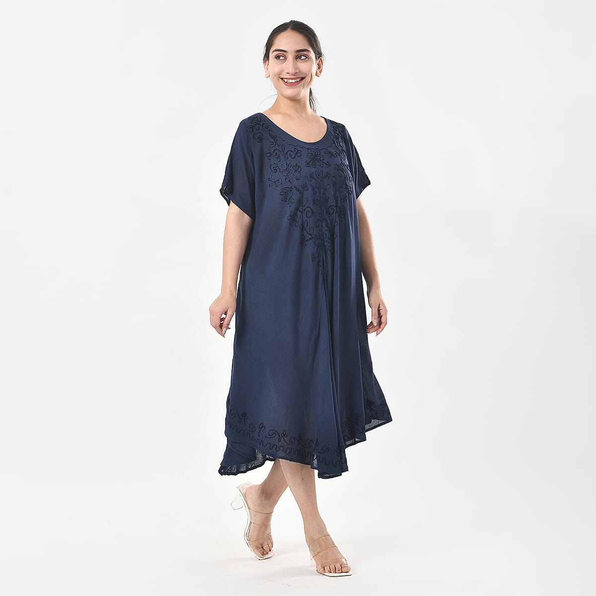 Tamsy Navy Embroidered Umbrella Dress with Sleeves and Neck-Tie - One Size Fits Most image number 2