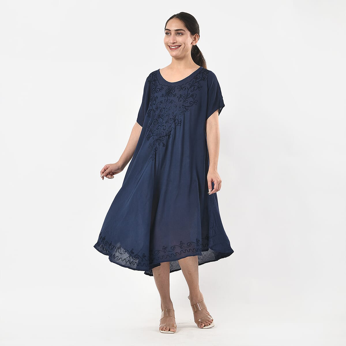 Tamsy Navy Embroidered Umbrella Dress with Sleeves and Neck-Tie - One Size Fits Most image number 3