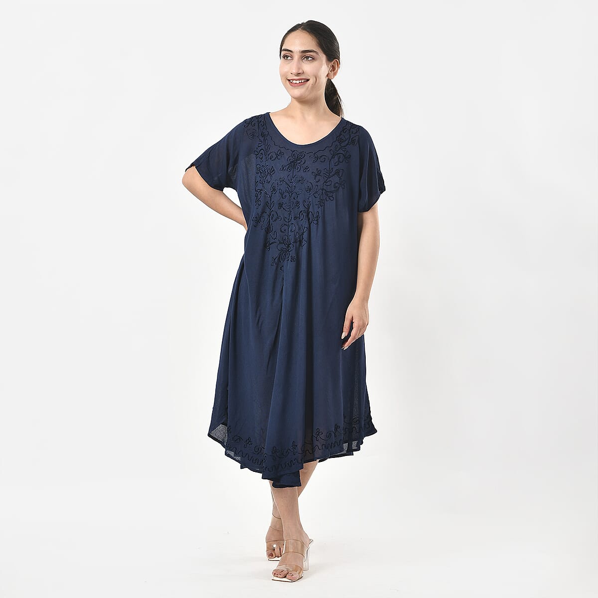 Tamsy Navy Embroidered Umbrella Dress with Sleeves and Neck-Tie - One Size Fits Most image number 4