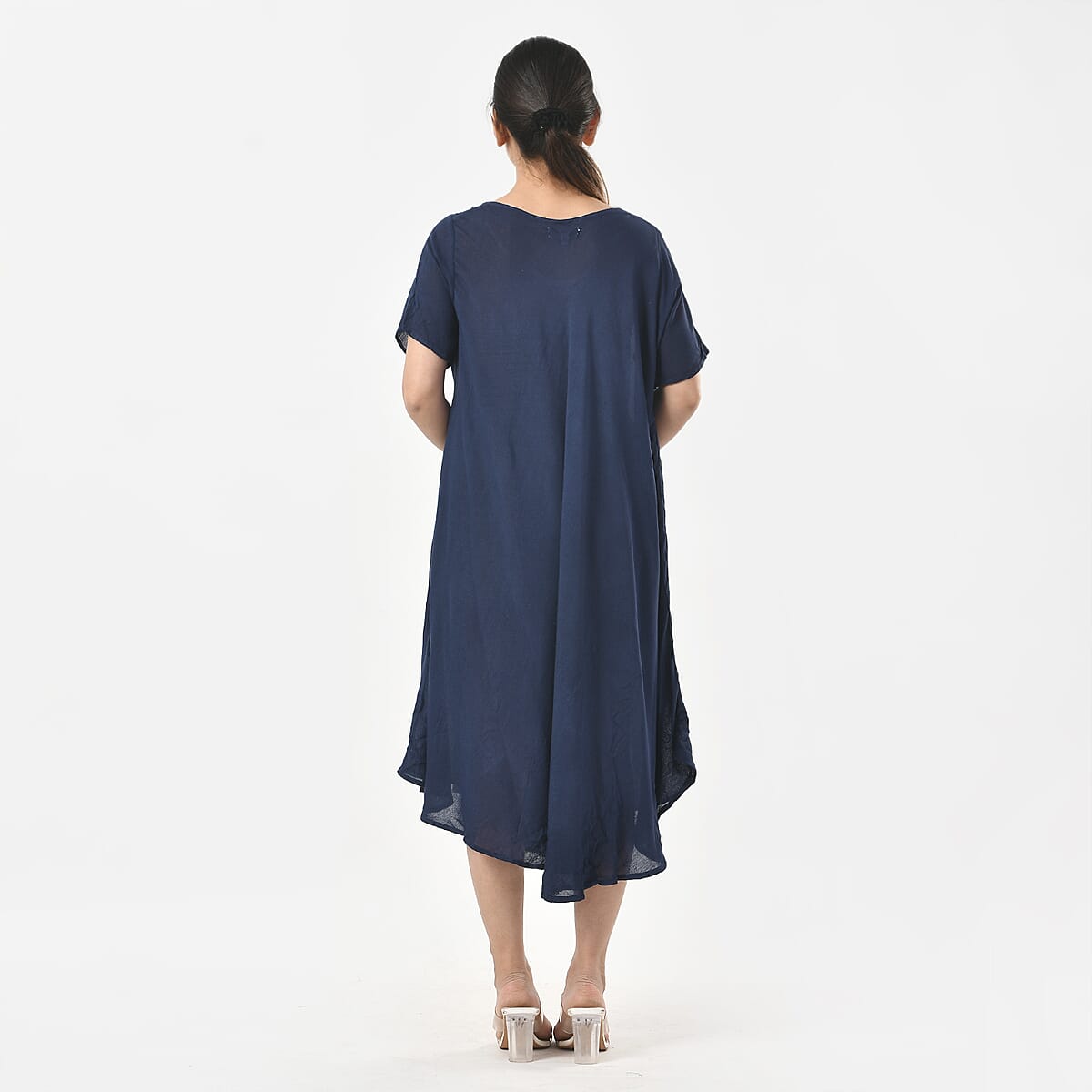 Tamsy Navy Embroidered Umbrella Dress with Sleeves and Neck-Tie - One Size Fits Most image number 5