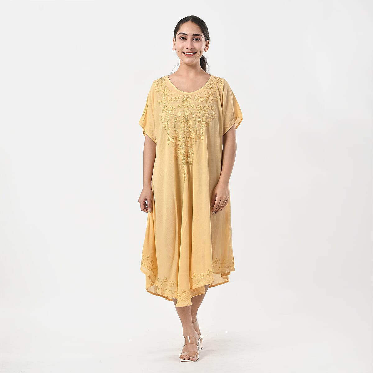 Tamsy Beige Embroidered Umbrella Dress with Sleeves and Neck Tie - One Size Fits Most image number 0