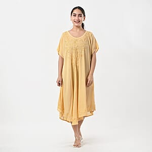 Tamsy Beige Embroidered Umbrella Dress with Sleeves and Neck Tie - One Size Fits Most