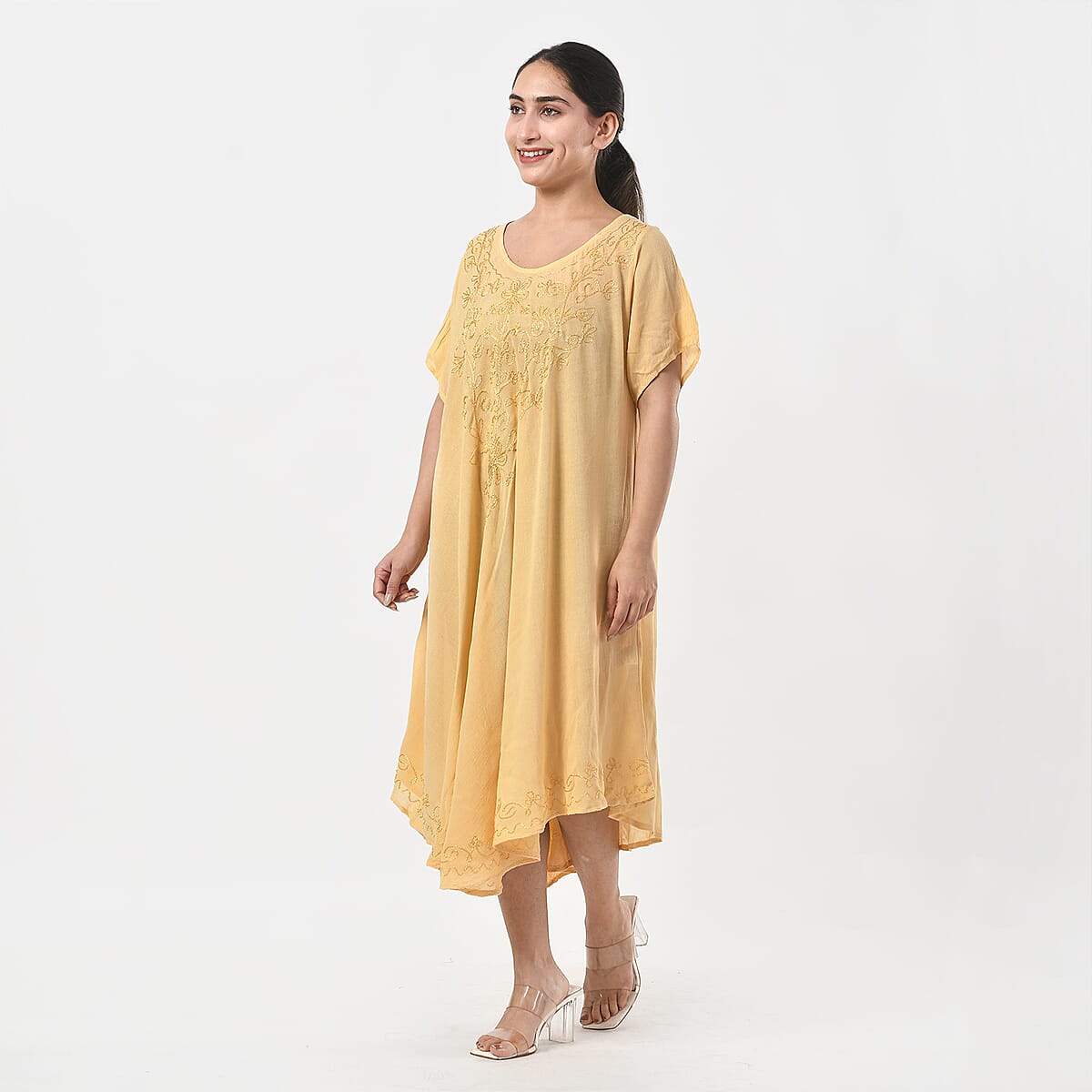 Tamsy Beige Embroidered Umbrella Dress with Sleeves and Neck Tie - One Size Fits Most image number 1