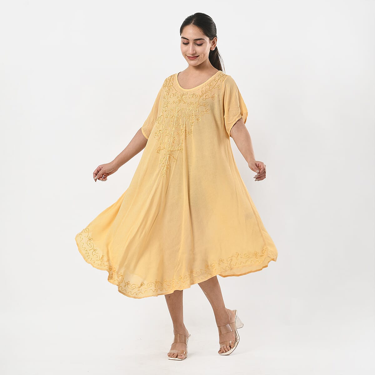 Tamsy Beige Embroidered Umbrella Dress with Sleeves and Neck Tie - One Size Fits Most image number 2