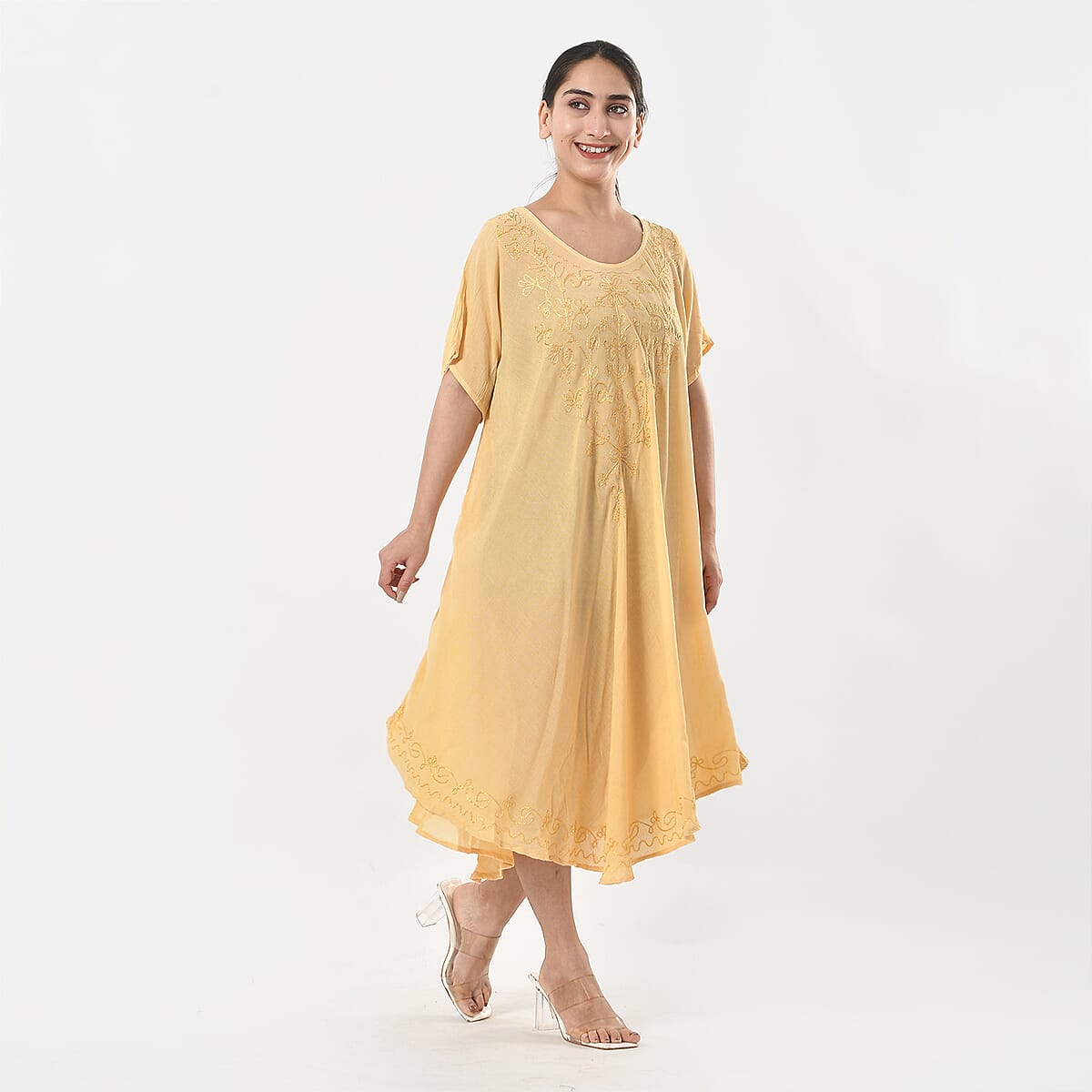 Tamsy Beige Embroidered Umbrella Dress with Sleeves and Neck Tie - One Size Fits Most image number 3