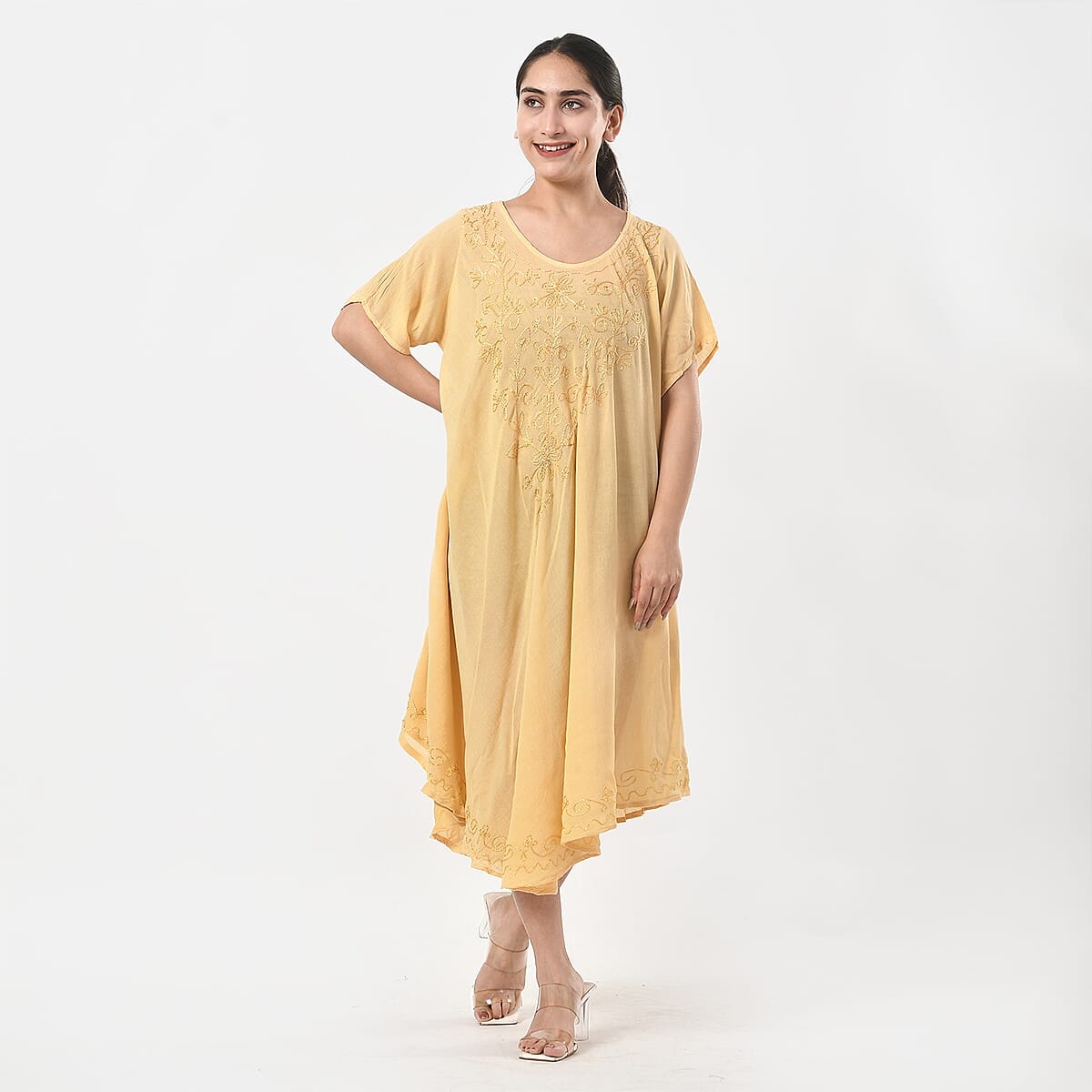 Tamsy Beige Embroidered Umbrella Dress with Sleeves and Neck Tie - One Size Fits Most image number 4