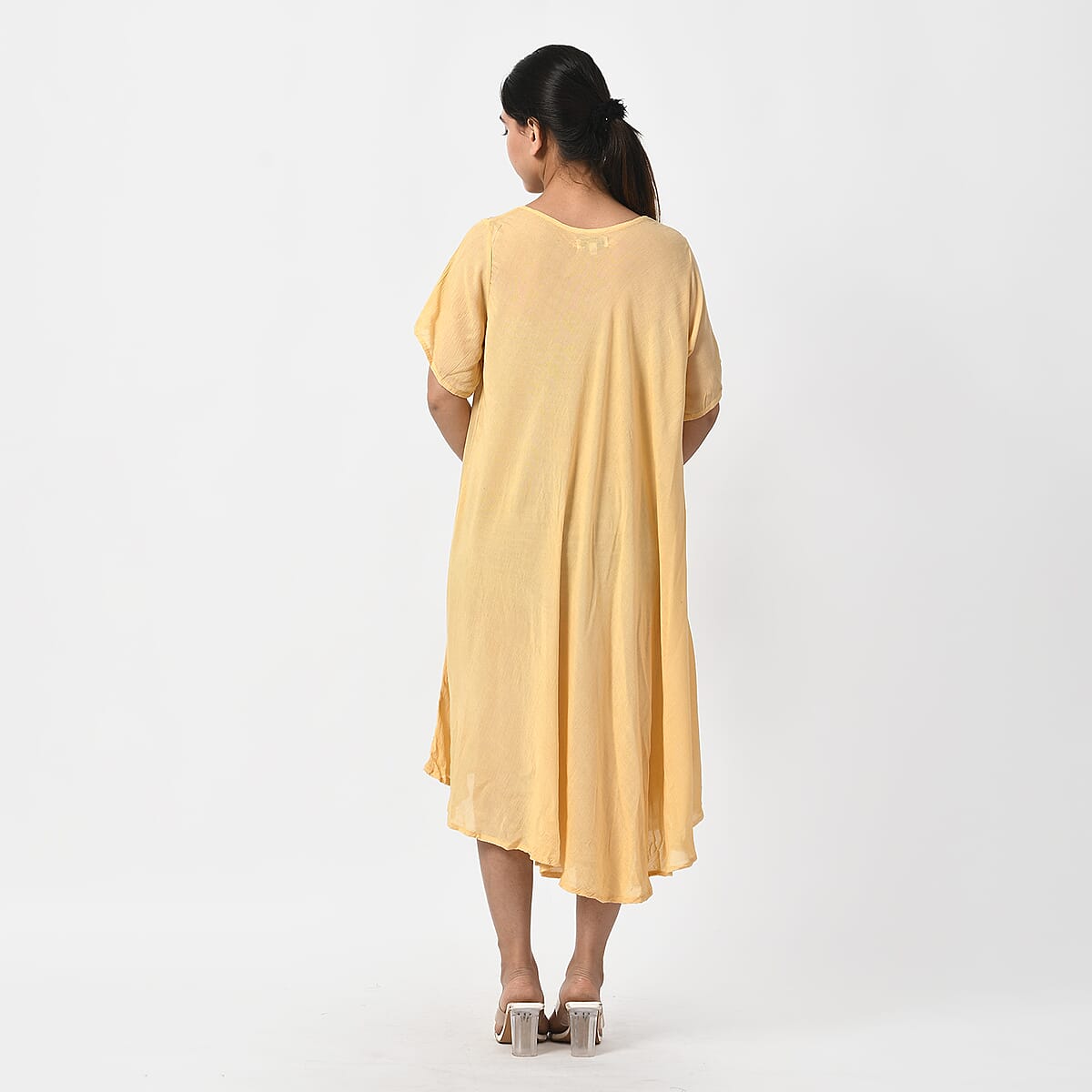 Tamsy Beige Embroidered Umbrella Dress with Sleeves and Neck Tie - One Size Fits Most image number 5