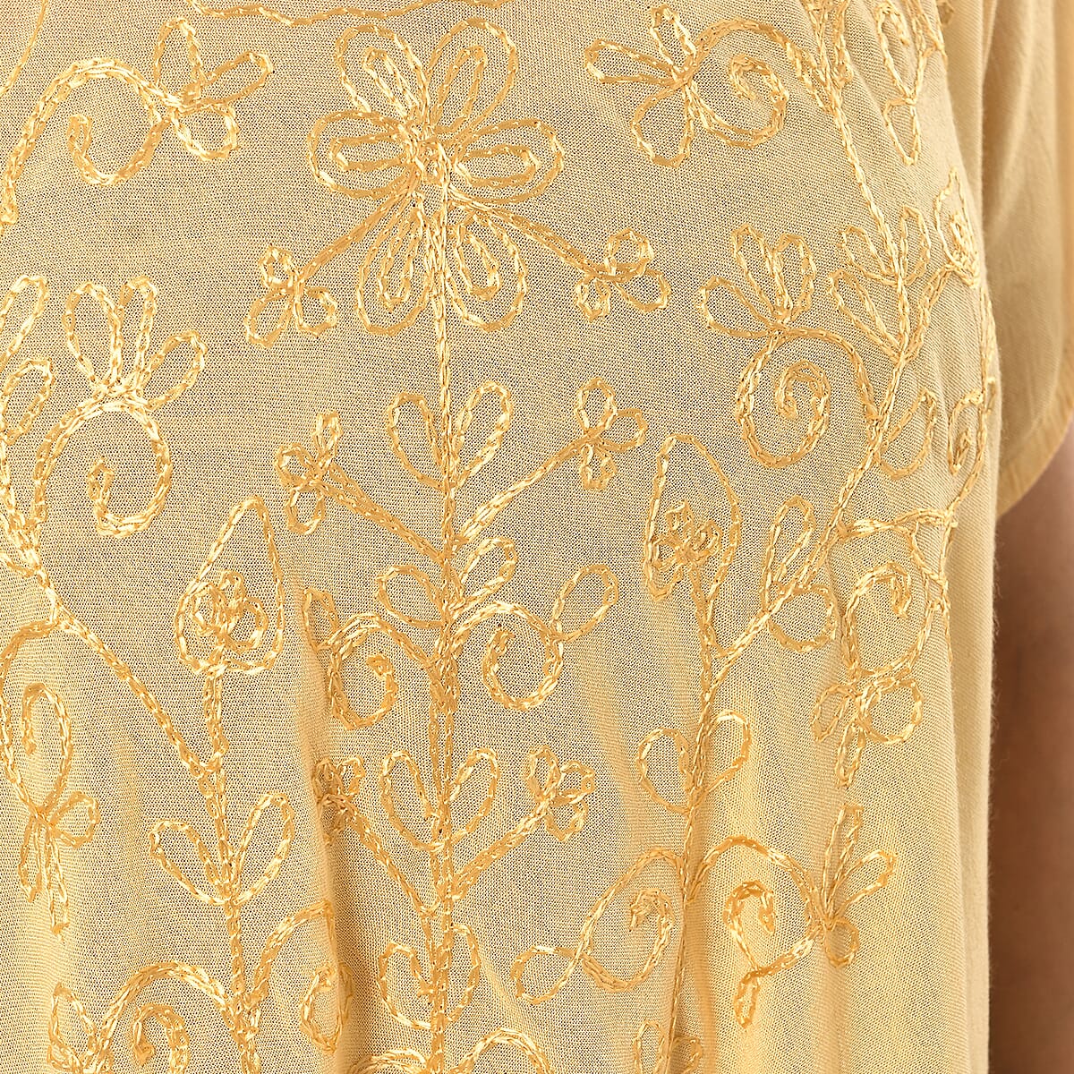 Tamsy Beige Embroidered Umbrella Dress with Sleeves and Neck Tie - One Size Fits Most image number 7