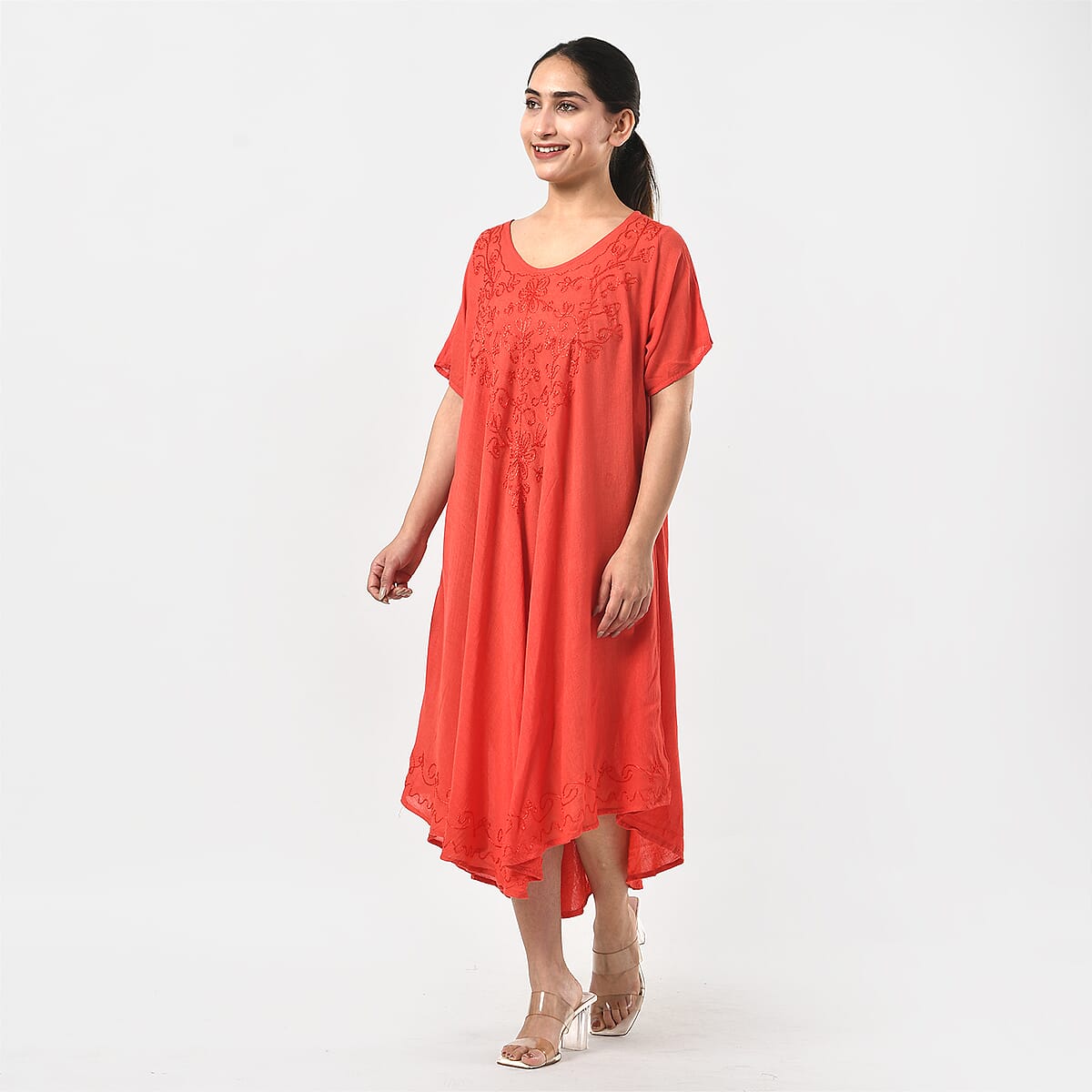 Tamsy Coral Embroidered Umbrella Dress with Sleeves and Neck-Tie - One Size Fits Most image number 1