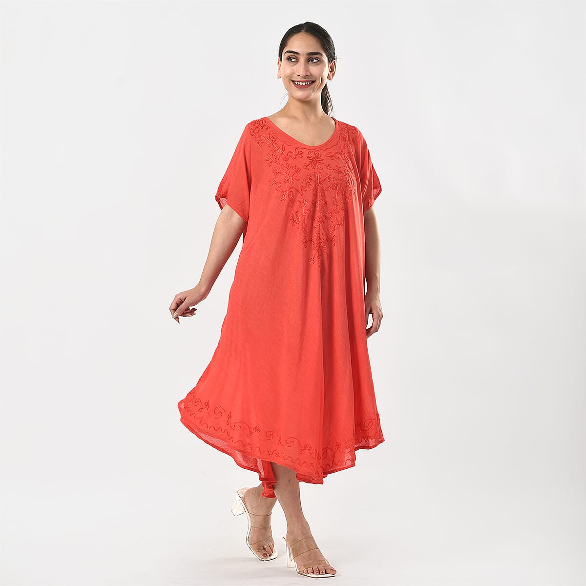 Tamsy Coral Embroidered Umbrella Dress with Sleeves and Neck-Tie - One Size Fits Most image number 2
