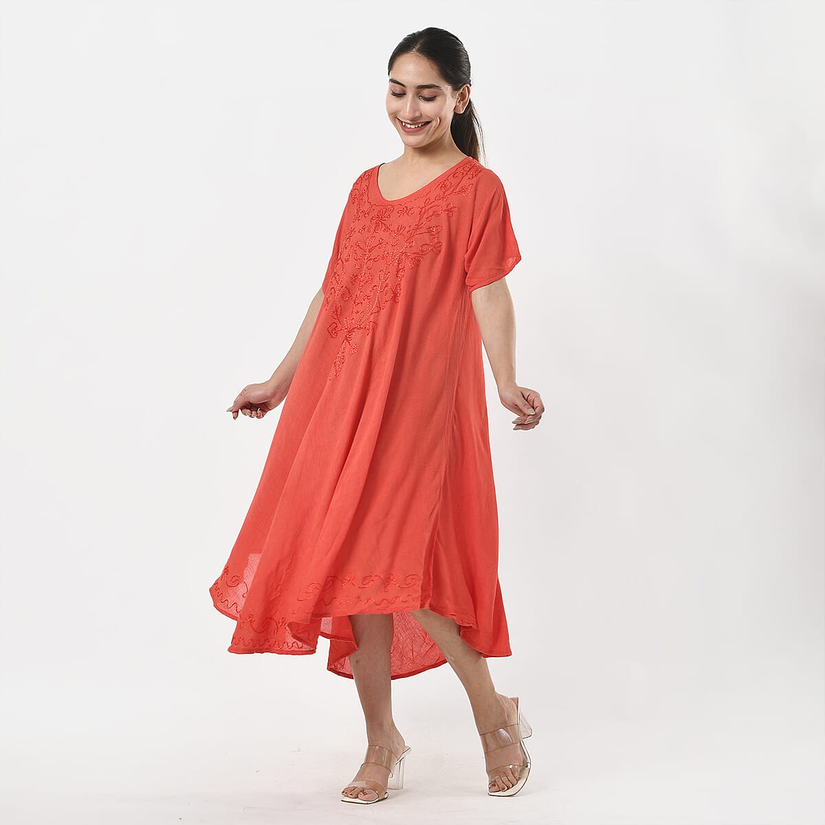 Tamsy Coral Embroidered Umbrella Dress with Sleeves and Neck-Tie - One Size Fits Most image number 3