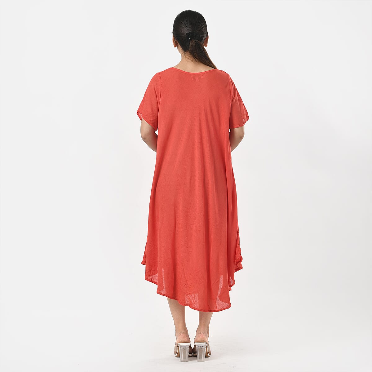 Tamsy Coral Embroidered Umbrella Dress with Sleeves and Neck-Tie - One Size Fits Most image number 5