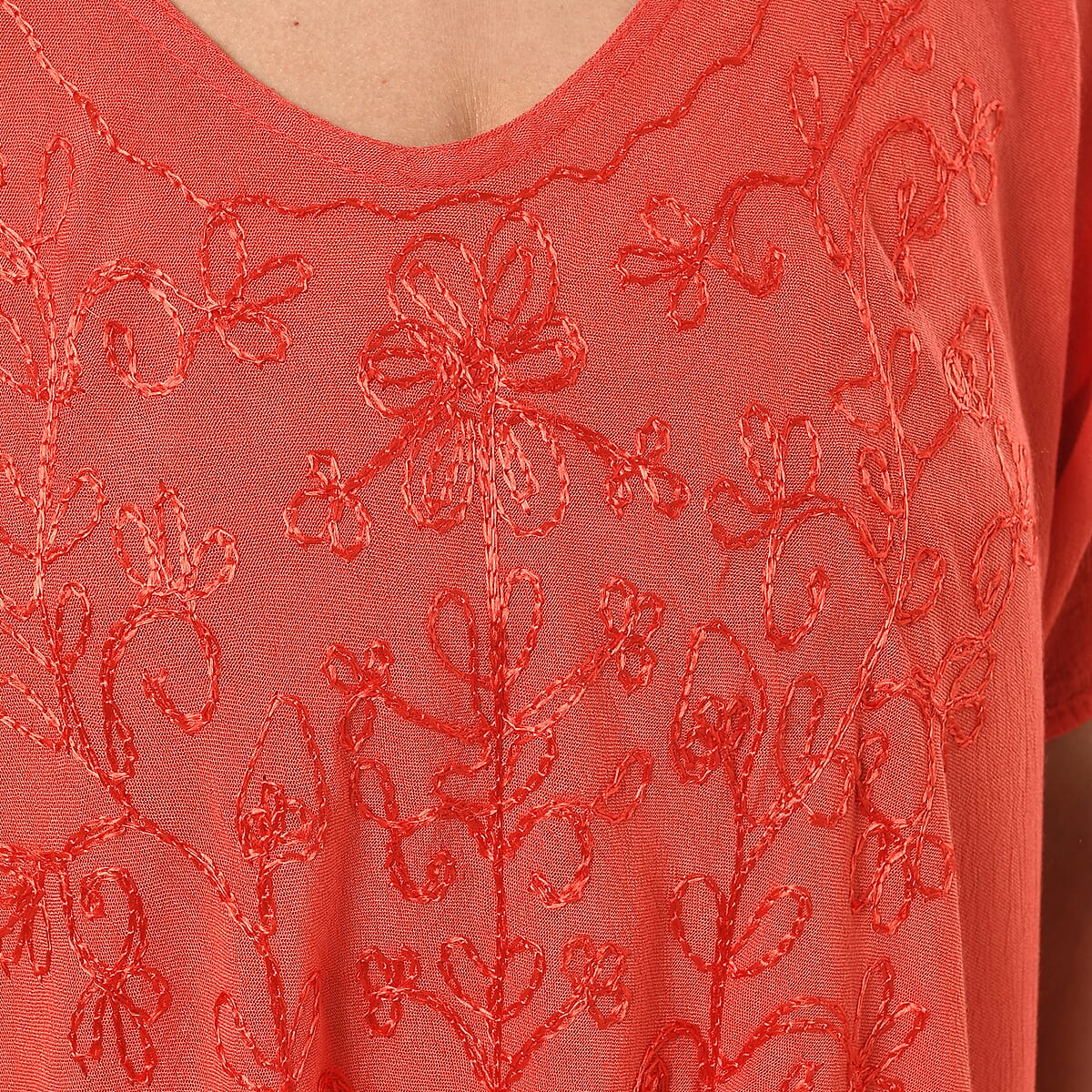 Tamsy Coral Embroidered Umbrella Dress with Sleeves and Neck-Tie - One Size Fits Most image number 7