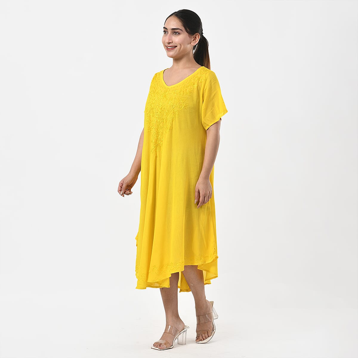 Tamsy Yellow Embroidered Umbrella Dress with Sleeves and Neck-Tie - One Size Fits Most image number 1