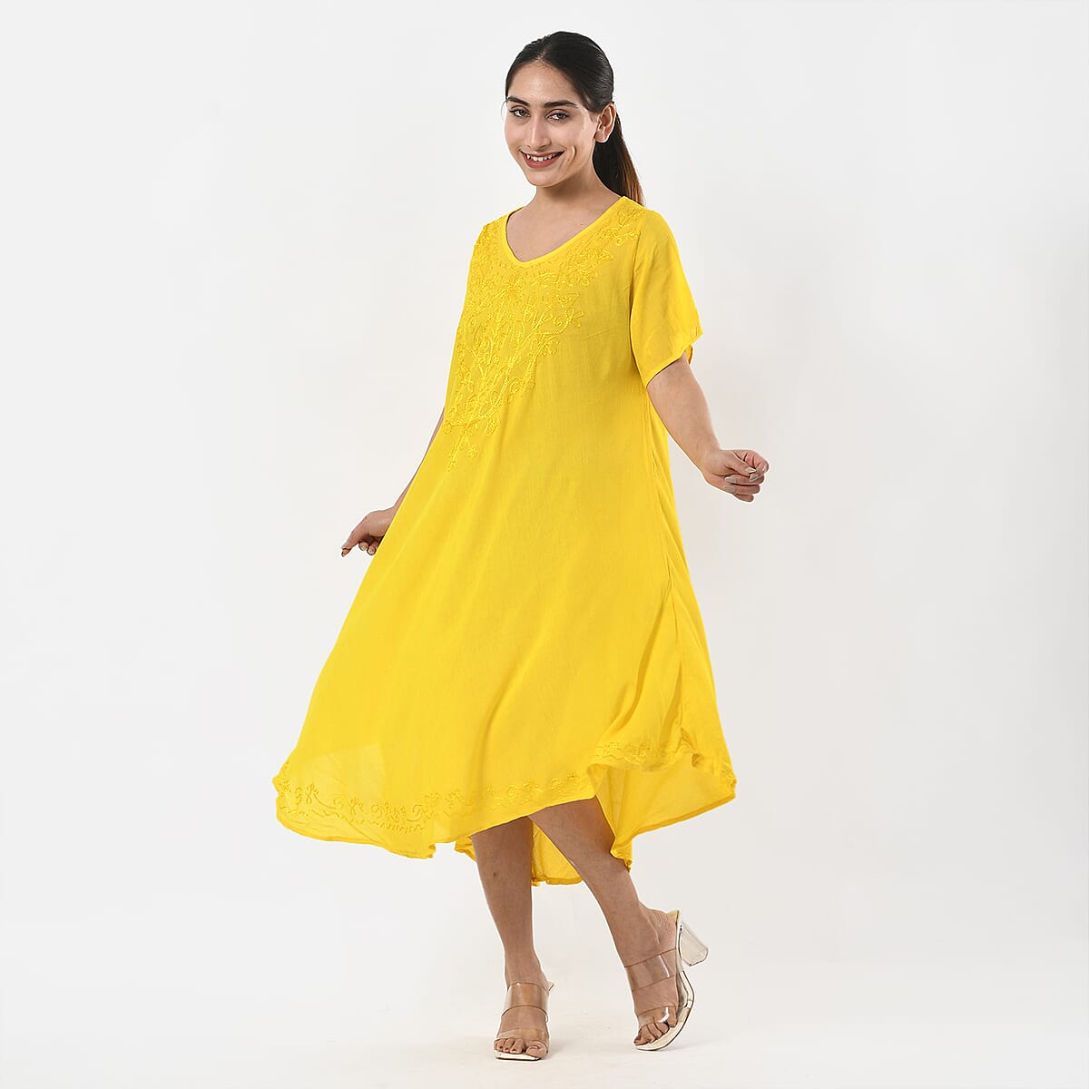 Tamsy Yellow Embroidered Umbrella Dress with Sleeves and Neck-Tie - One Size Fits Most image number 2
