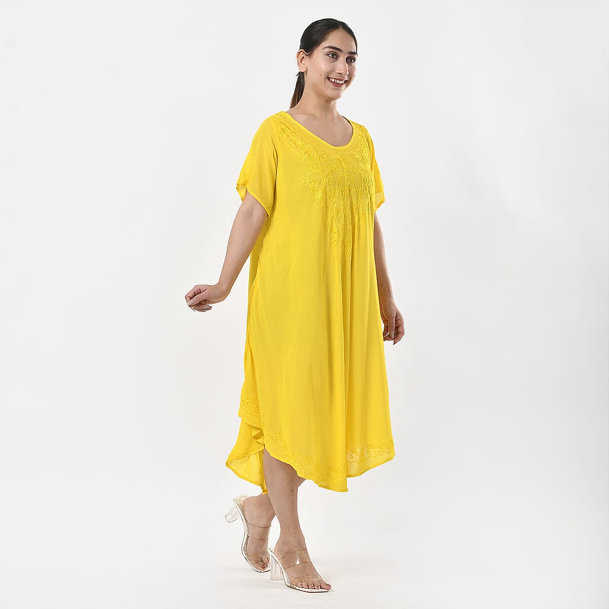 Tamsy Yellow Embroidered Umbrella Dress with Sleeves and Neck-Tie - One Size Fits Most image number 3