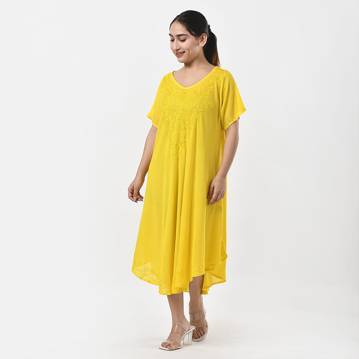 Tamsy Yellow Embroidered Umbrella Dress with Sleeves and Neck-Tie - One Size Fits Most image number 4