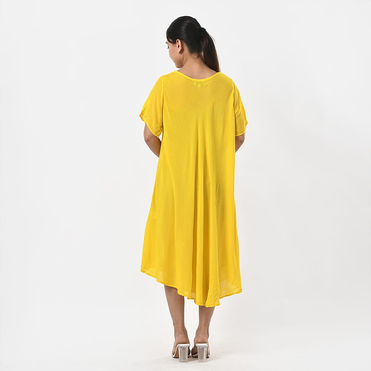 Tamsy Yellow Embroidered Umbrella Dress with Sleeves and Neck-Tie - One Size Fits Most image number 5
