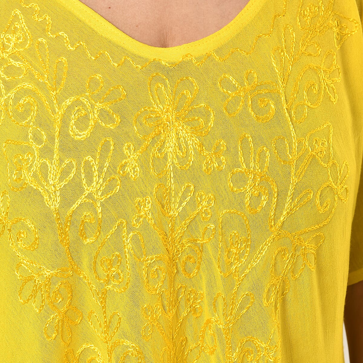 Tamsy Yellow Embroidered Umbrella Dress with Sleeves and Neck-Tie - One Size Fits Most image number 7