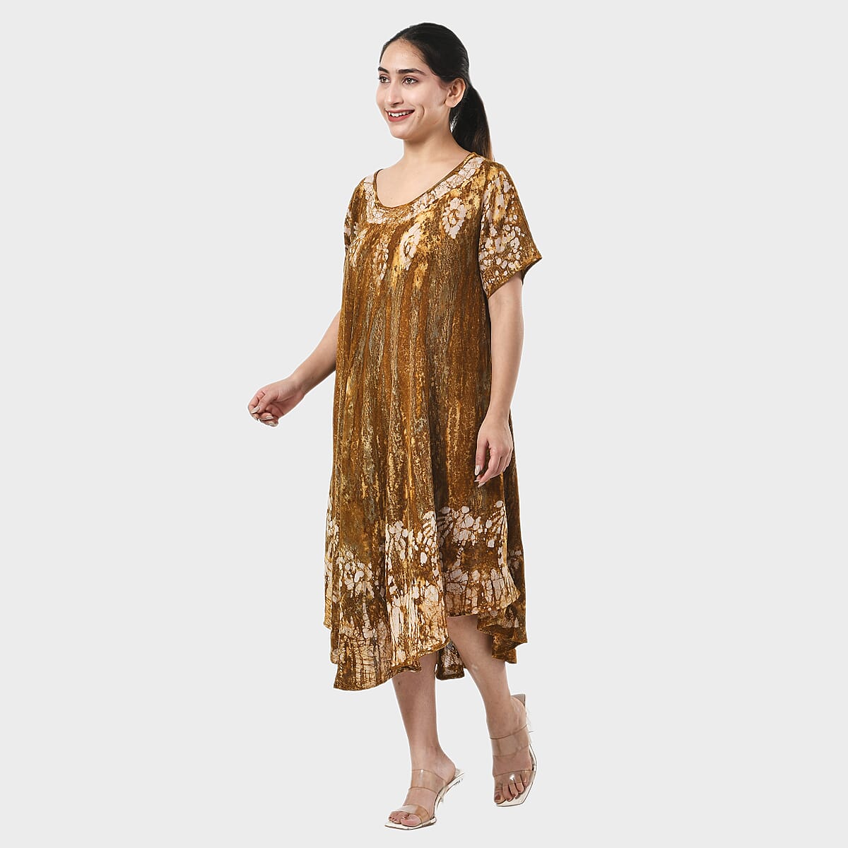 Tamsy Olive Tie Dye Umbrella Dress with Block Printing and Sleeves - One Size Fits Most image number 1