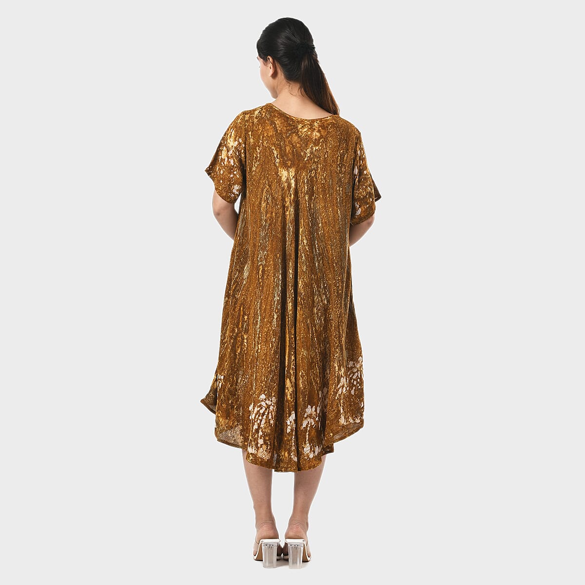 Tamsy Olive Tie Dye Umbrella Dress with Block Printing and Sleeves - One Size Fits Most image number 3