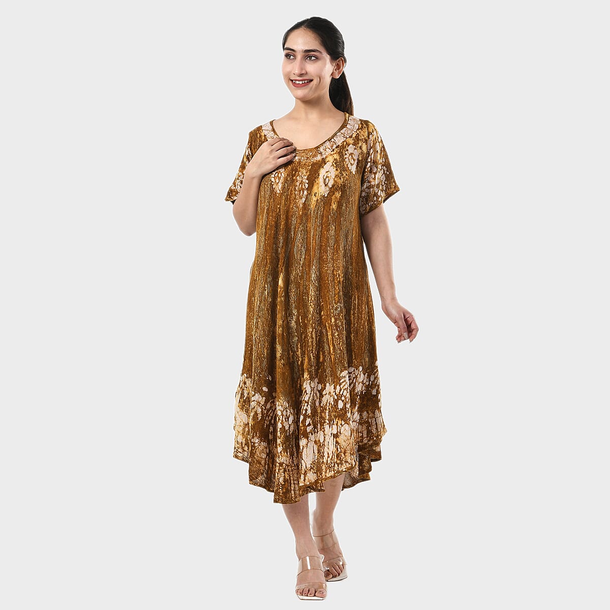 Tamsy Olive Tie Dye Umbrella Dress with Block Printing and Sleeves - One Size Fits Most image number 4