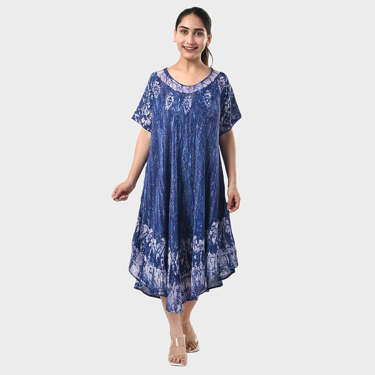 Tamsy Blue Tie Dye Umbrella Dress with Block Printing and Sleeves - One Size Fits Most image number 0