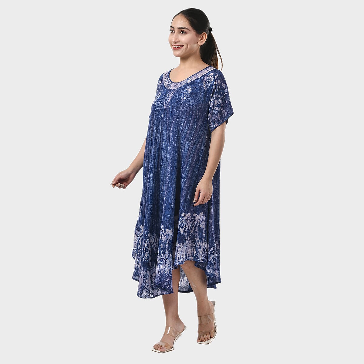 Tamsy Blue Tie Dye Umbrella Dress with Block Printing and Sleeves - One Size Fits Most image number 1