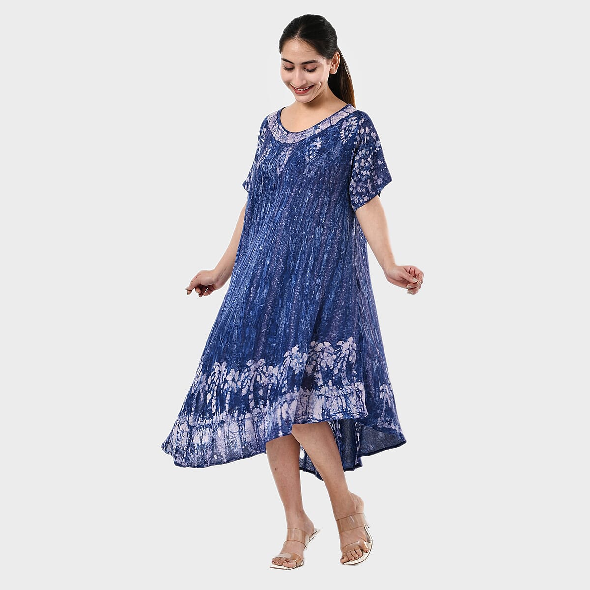 Tamsy Blue Tie Dye Umbrella Dress with Block Printing and Sleeves - One Size Fits Most image number 2