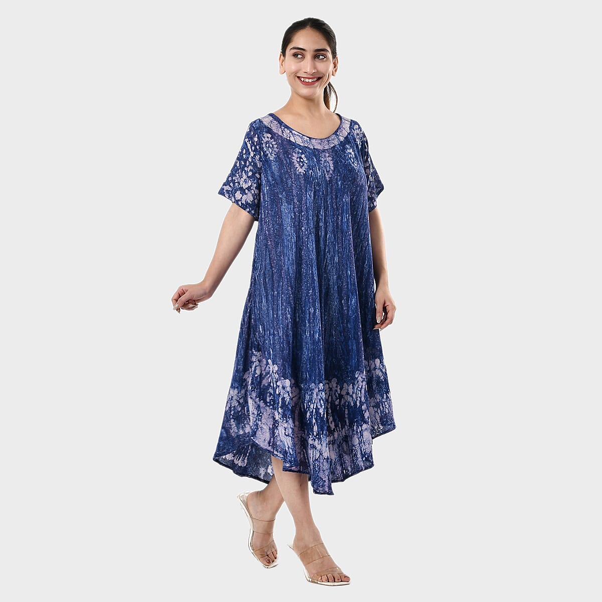Tamsy Blue Tie Dye Umbrella Dress with Block Printing and Sleeves - One Size Fits Most image number 3