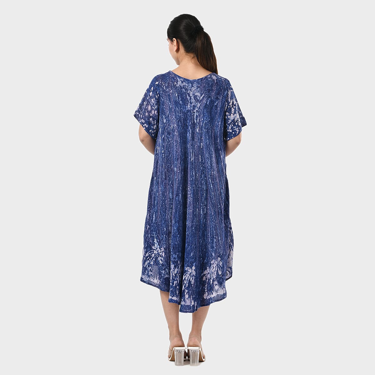 Tamsy Blue Tie Dye Umbrella Dress with Block Printing and Sleeves - One Size Fits Most image number 4