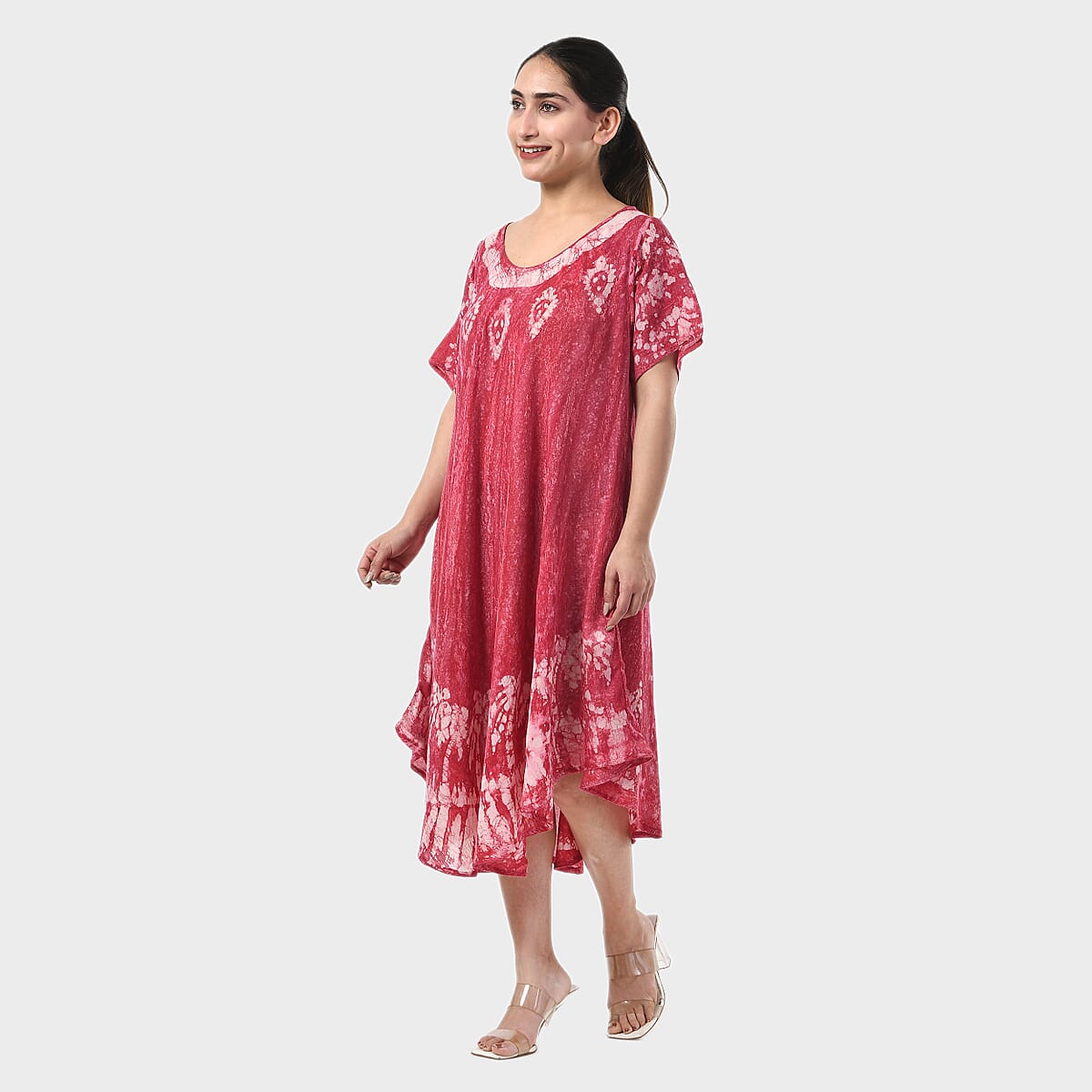 Tamsy Red Tie Dye Umbrella Dress with Block Printing and Sleeves - One Size Fits Most image number 1