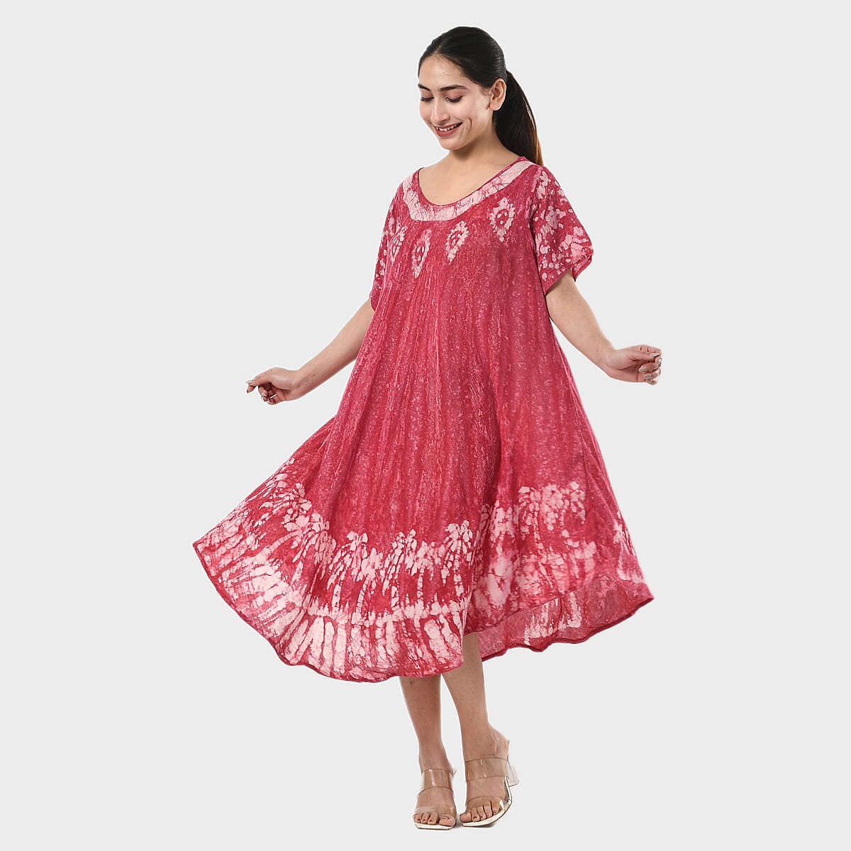 Tamsy Red Tie Dye Umbrella Dress with Block Printing and Sleeves - One Size Fits Most image number 2