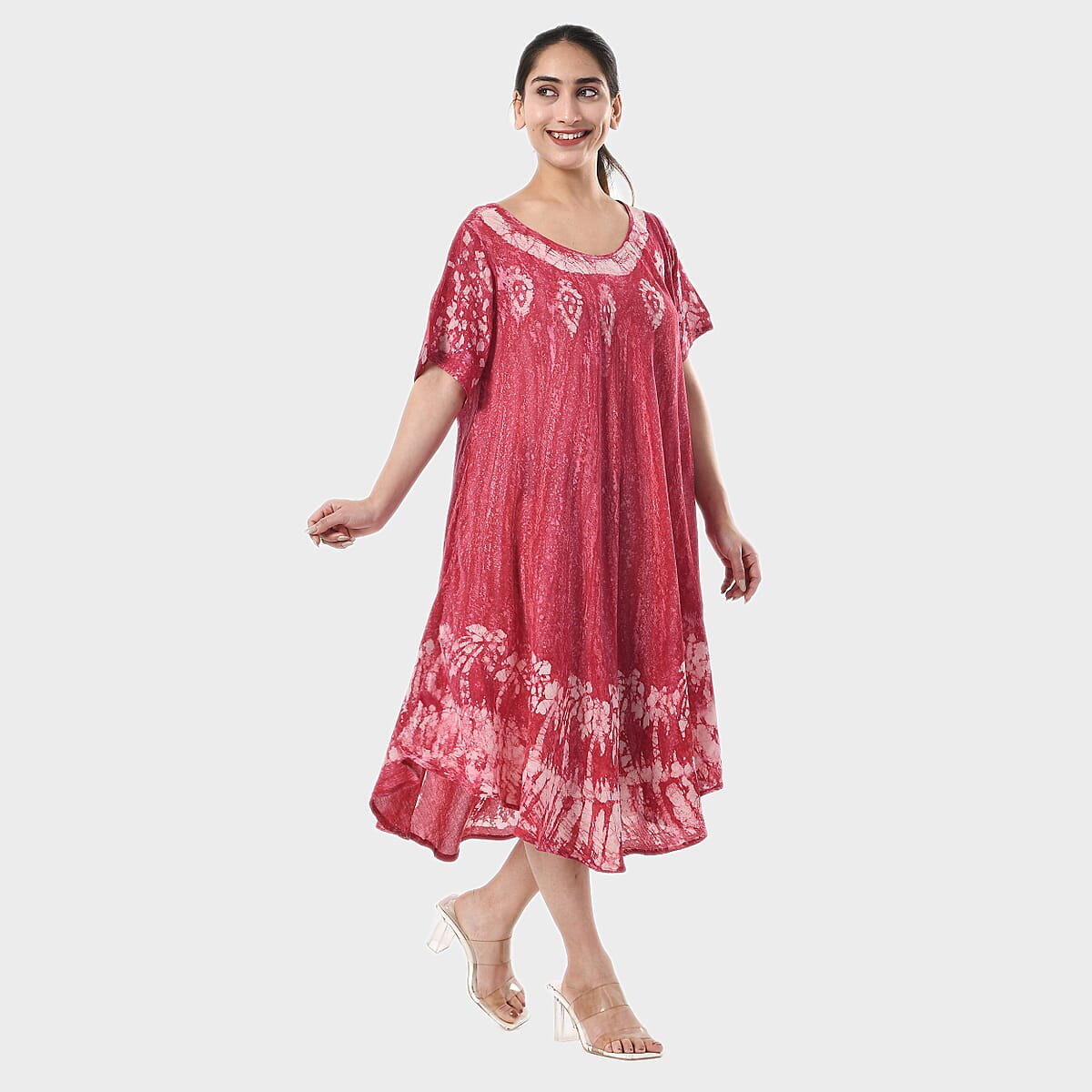 Tamsy Red Tie Dye Umbrella Dress with Block Printing and Sleeves - One Size Fits Most image number 3