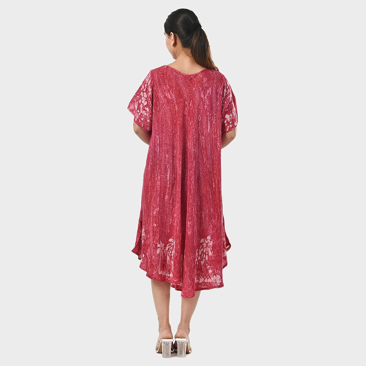 Tamsy Red Tie Dye Umbrella Dress with Block Printing and Sleeves - One Size Fits Most image number 4