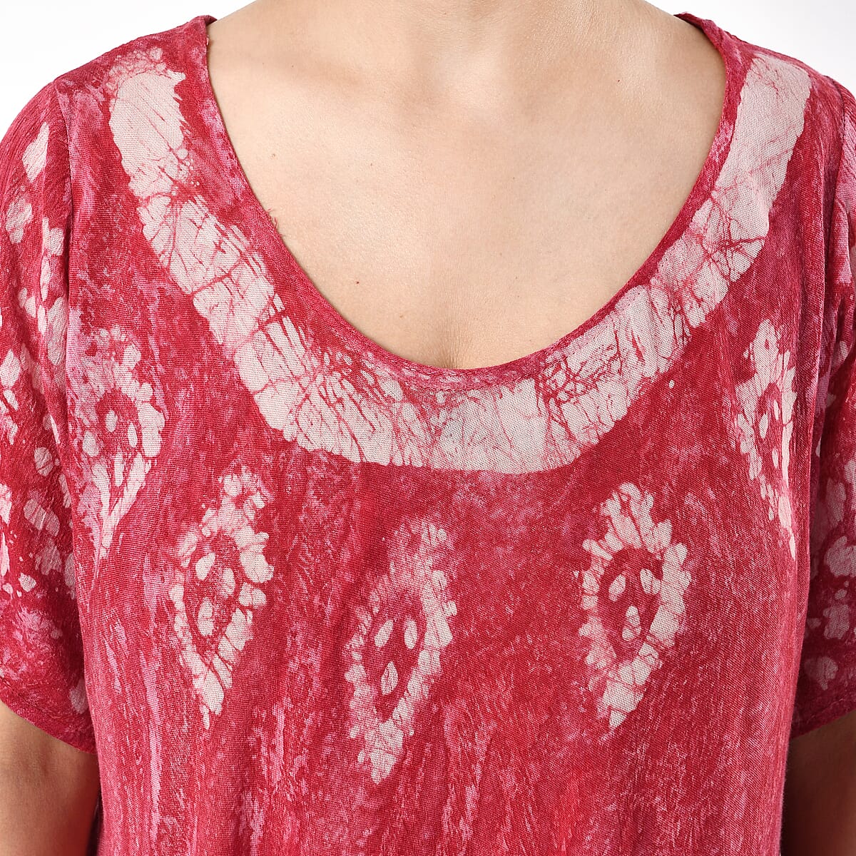 Tamsy Red Tie Dye Umbrella Dress with Block Printing and Sleeves - One Size Fits Most image number 5