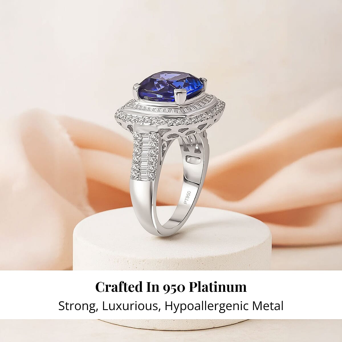 Certified & Appraised Rhapsody AAAA Tanzanite and E-F VS Diamond 6.38 ctw Ring in 950 Platinum (Size 8.5) 10.25 Grams image number 2