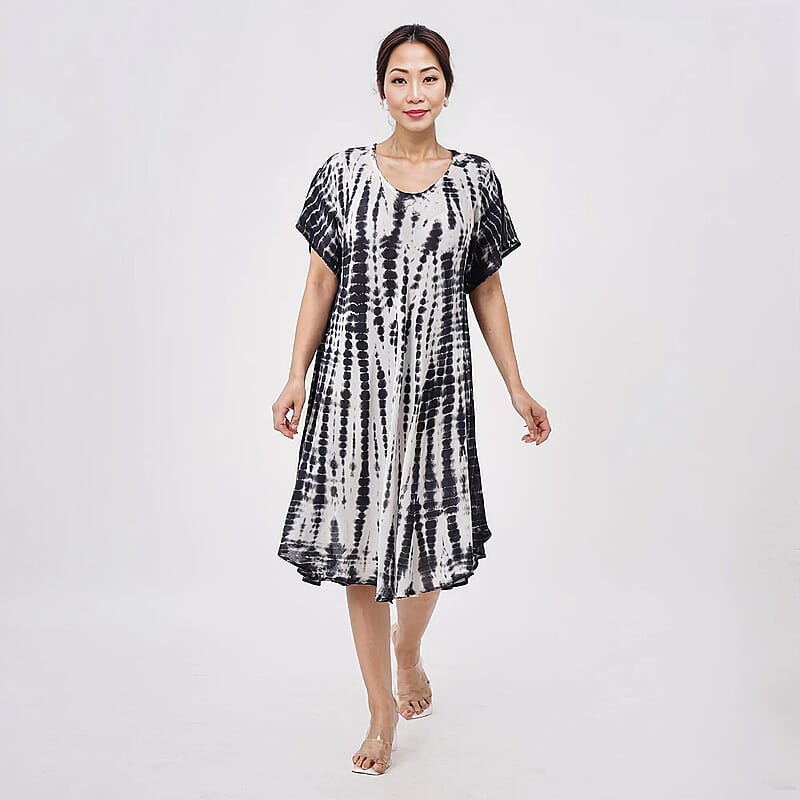 Tamsy Black Tie Dye Umbrella Dress with Sleeves - One Size Fits Most