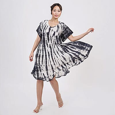 Tamsy Black Tie Dye Umbrella Dress with Sleeves - One Size Fits Most