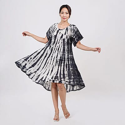 Tamsy Black Tie Dye Umbrella Dress with Sleeves - One Size Fits Most