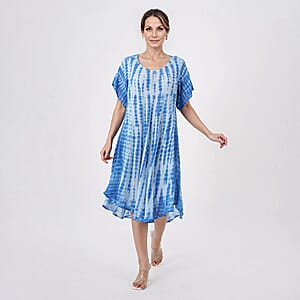 Tamsy Blue Tie Dye Umbrella Dress with Sleeves - One Size Fits Most
