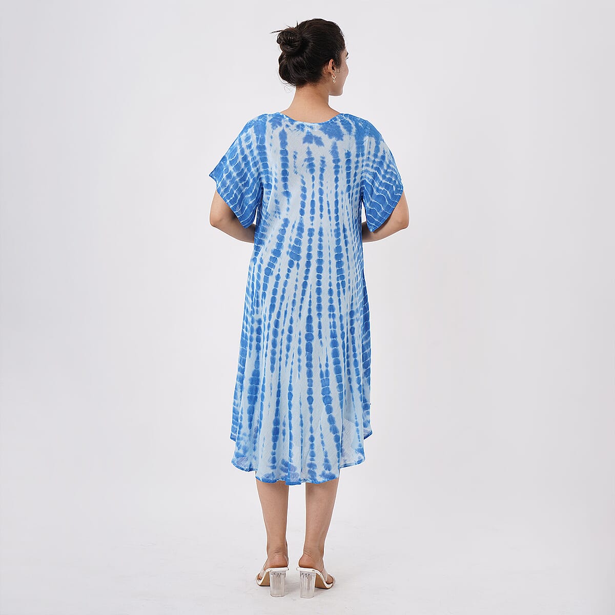 Tamsy Blue Tie Dye Umbrella Dress with Sleeves - One Size Fits Most image number 1