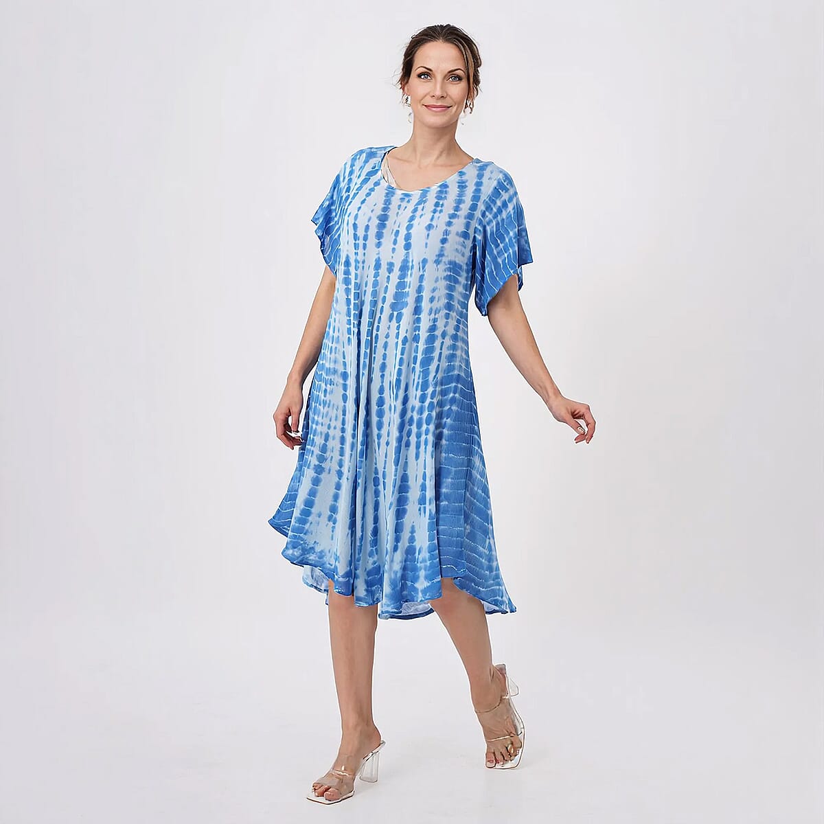 Tamsy Blue Tie Dye Umbrella Dress with Sleeves - One Size Fits Most image number 2