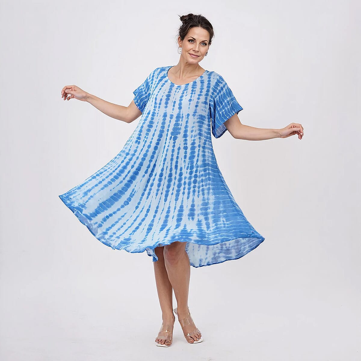 Tamsy Blue Tie Dye Umbrella Dress with Sleeves - One Size Fits Most image number 3