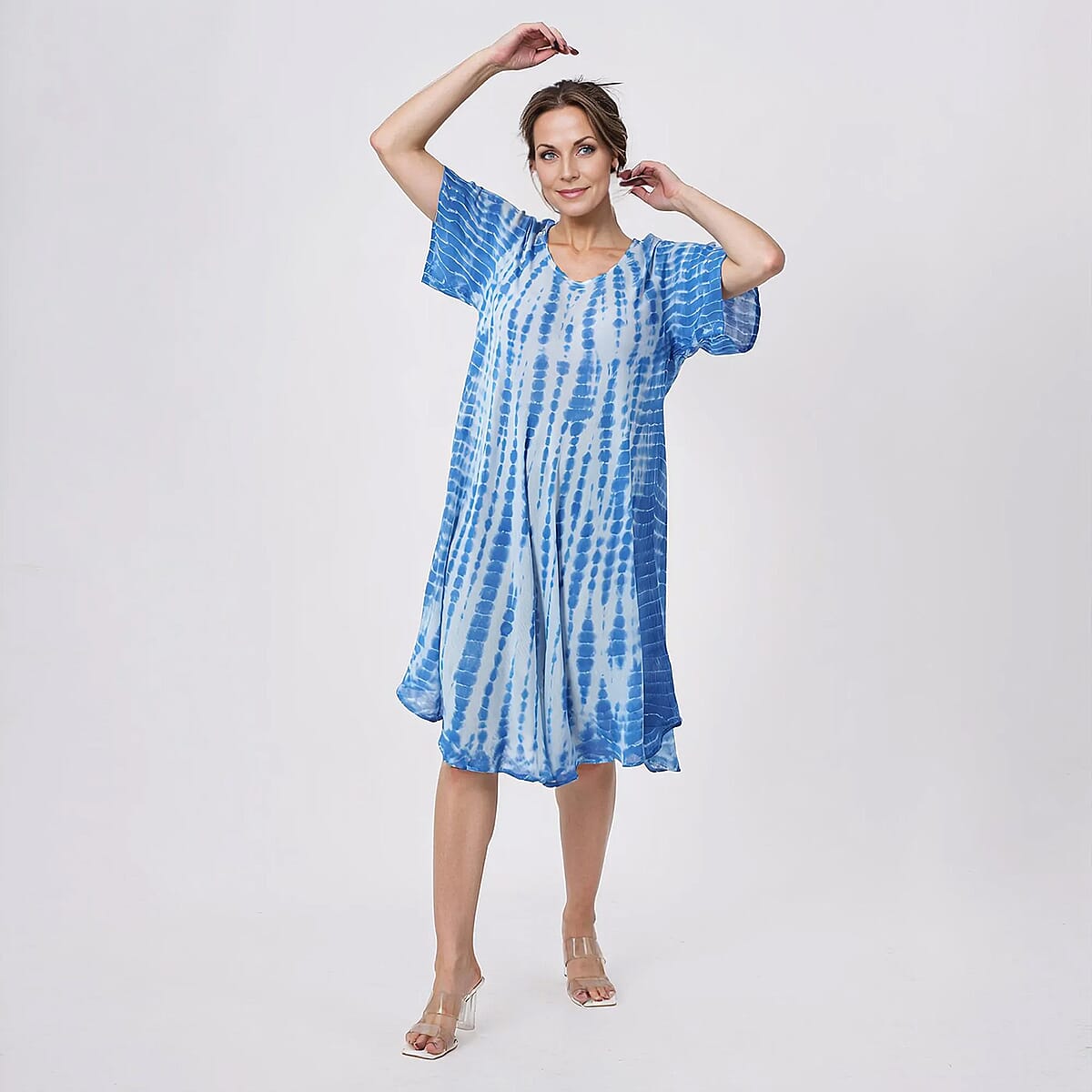 Tamsy Blue Tie Dye Umbrella Dress with Sleeves - One Size Fits Most image number 4