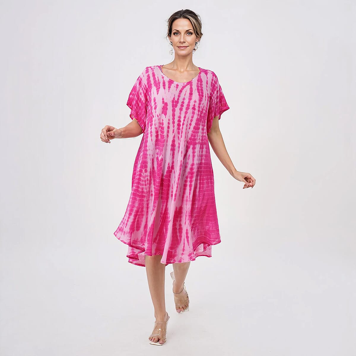 Tamsy Pink Tie Dye Umbrella Dress with Sleeves - One Size Fits Most image number 0