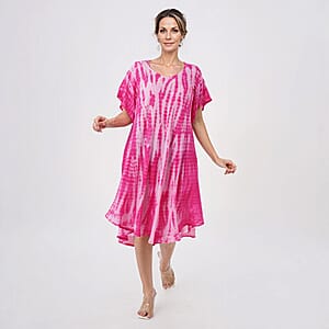 Tamsy Pink Tie Dye Umbrella Dress with Sleeves - One Size Fits Most