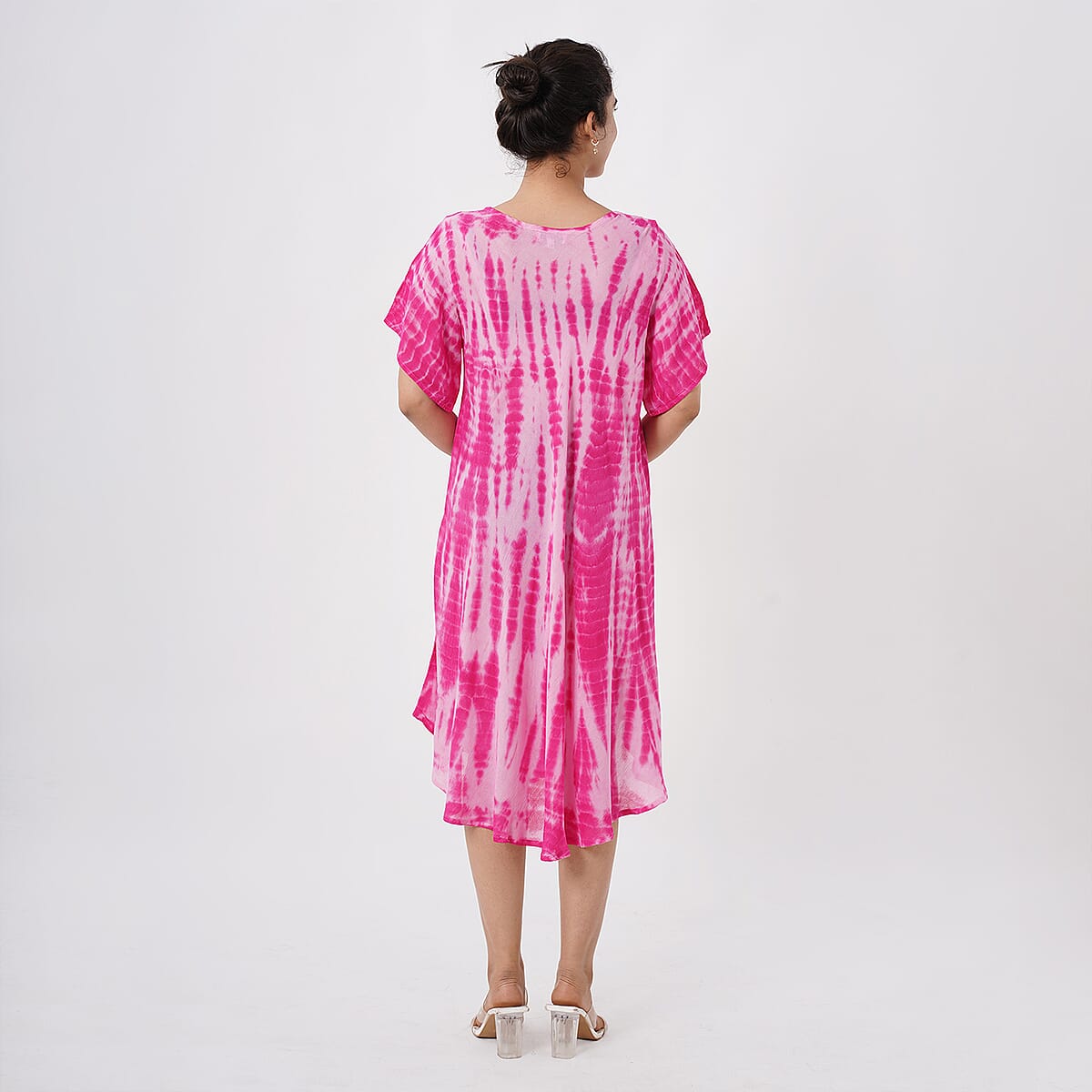 Tamsy Pink Tie Dye Umbrella Dress with Sleeves - One Size Fits Most image number 1