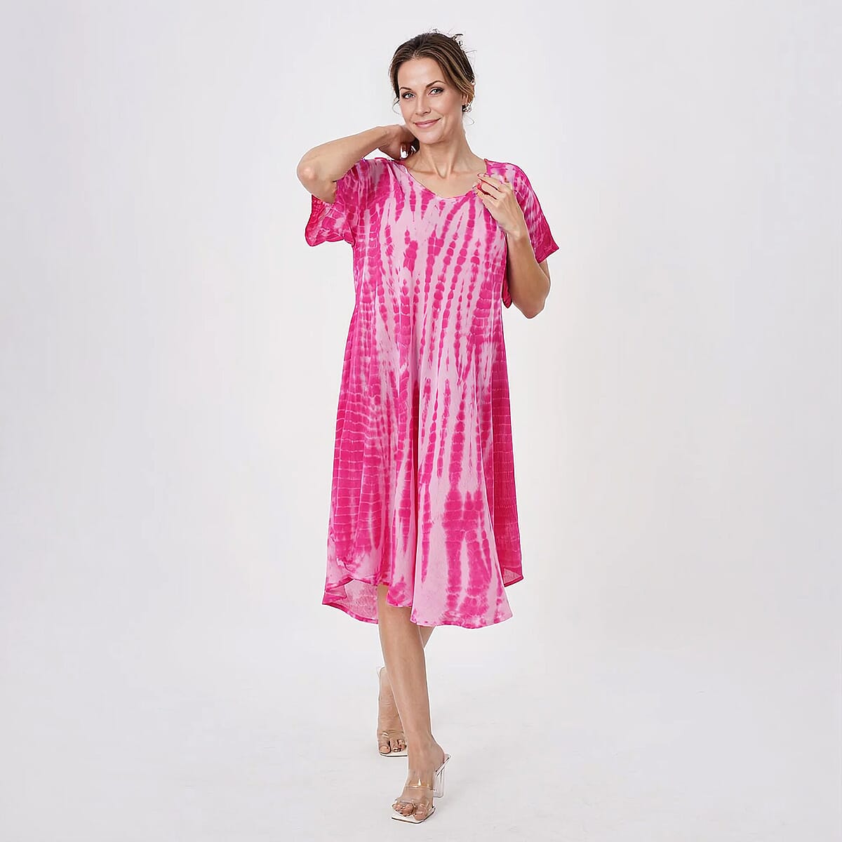Tamsy Pink Tie Dye Umbrella Dress with Sleeves - One Size Fits Most image number 2
